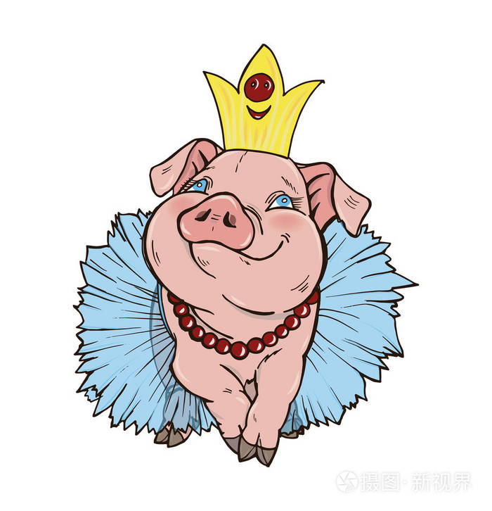 猪公主, 猪在蓝色礼服和冠, 媒介例证在白色背景, 猪是2019年的标志