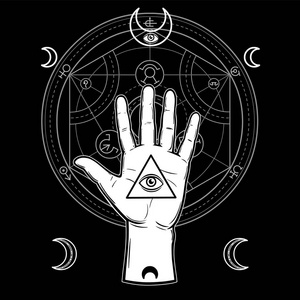 符号的月亮,炼金术圈的转换.一个黑色的背景上孤立的矢量图照片