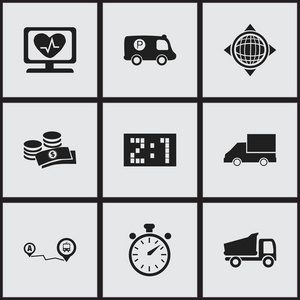 9 可编辑混合图标集。包括卡车 硬币 世界等符号。可用于 Web 移动 Ui 和数据图表设计