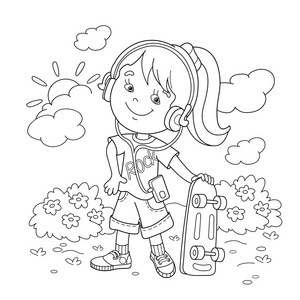 着色页大纲的女孩在滑板的耳机.孩子们的图画书照片