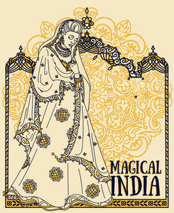 在传统纱丽和传统印度拱的印度美女