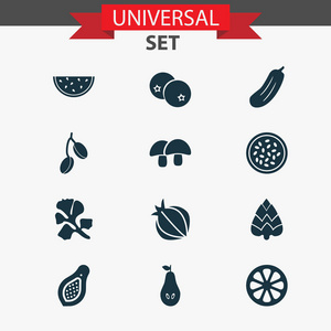 蔬菜图标设置与丁香, 橡子, 植物和其他激情水果元素。分离的例证植物图标