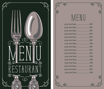 带价目表的餐厅的矢量模板菜单复古风格卷发框中的现实叉子和勺子