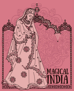 在传统纱丽和传统印度拱的印度美女