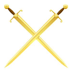 黄金战士两个交叉的剑,白色背景上的黄金照片