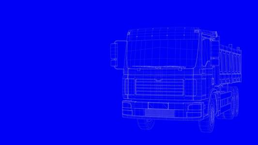 在蓝色的背上的白色线条的蓝色打印卡车 3d 渲染