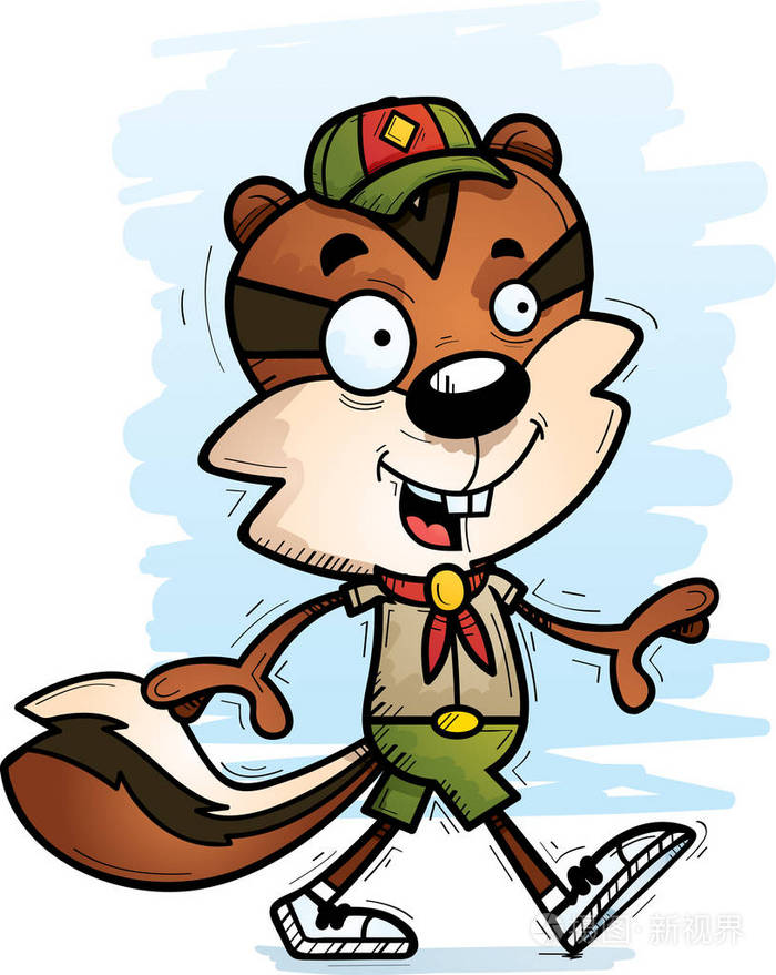 一只雄性花栗鼠侦察员行走的卡通插图