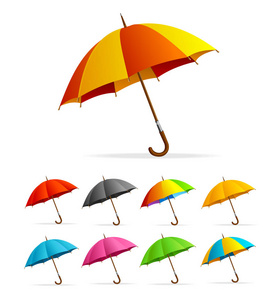 逼真细致的3d 彩色雨伞套装。向量