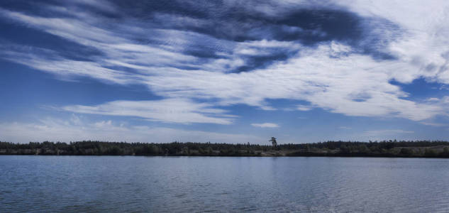 蓝色湖面上的戏剧性的天空。全景