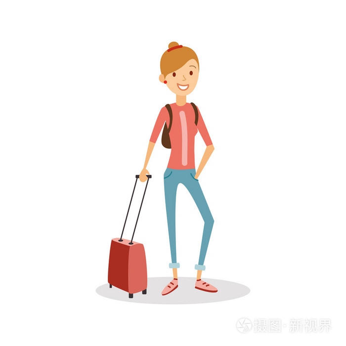 旅行人卡通.手提行李准备踏上旅途快乐的女孩