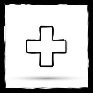 医学十字图标。在白色背景上的互联网按钮。仿画笔轮廓设计