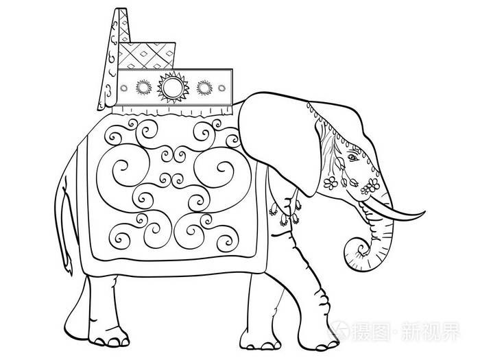 插画 动物 孤立的对象着色, 黑色线条, 白色背景, 大象在印度, 一个