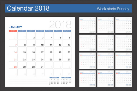 2018 日历。桌子上的日历现代设计模板。周启动