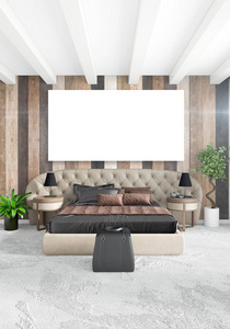 白色卧室最小风格室内设计木墙与深色沙发。3d 渲染。3d 图