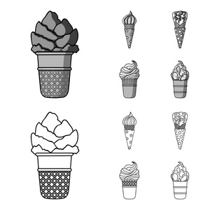冰淇淋在棍子上, 在一个华夫饼锥和其他种类。冰淇淋集图标的轮廓, 单色风格矢量符号股票插画网站