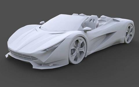 灰色背景下跑车敞篷车的白色塑料概念模型.3d 渲染照片