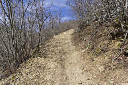 陡峭斜坡上的一条土路.tokluk-syrt 山脊的脚下.