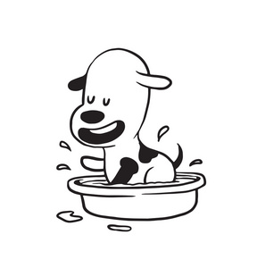 有趣的小狗在盆里洗澡，单色风格