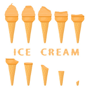 在华夫饼锥上的天然苹果冰淇淋的矢量插图。冰淇淋模式包括甜冷冰淇淋, 美味的冷冻甜点。苹果在晶圆锥中的鲜果各式各样
