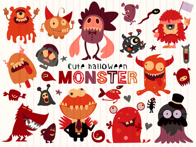 可爱的恐怖万圣节怪兽和糖果, 矢量插图的涂鸦可爱的怪物照片