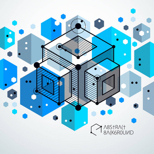 等距抽象蓝色背景与线性维立方体形状, 矢量3d 网格元素。多维数据集六边形正方形矩形和不同抽象元素的布局