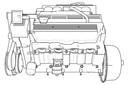 强大的汽车引擎。在白色背景上的黑色线条画是发动机