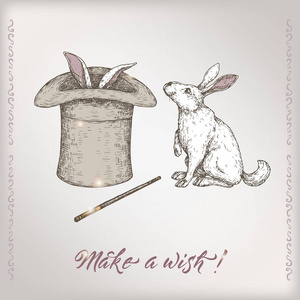 温馨浪漫的复古生日卡片模板与书法 兔子 魔术帽和魔杖素描