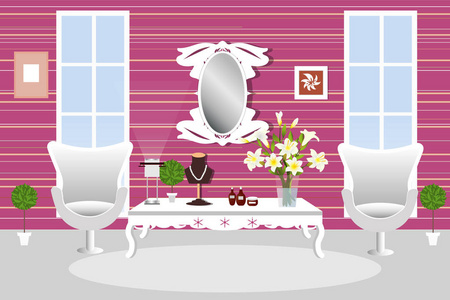 客厅里的内部.房间与家具, 桌子, 两把椅子和盆栽的植物.矢量图.