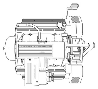 强大的汽车引擎.在白色背景上的黑色线条画是发动机插画