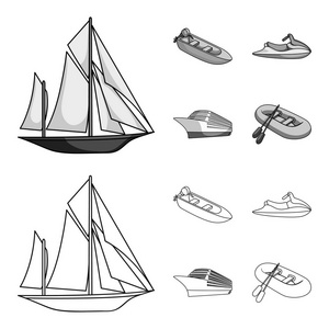 古代帆船, 机动船, 滑板车, 船用班轮。船舶和水运集合图标的轮廓, 单色风格矢量符号股票插画网站