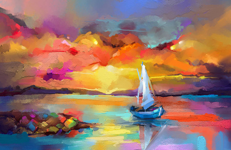 具有阳光背景的海景画的印象派形象.现代艺术油画用小船, 航海在海.