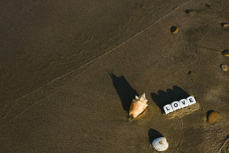 用骰子制作的爱情概念沙滩上的湿沙子和海洋动机