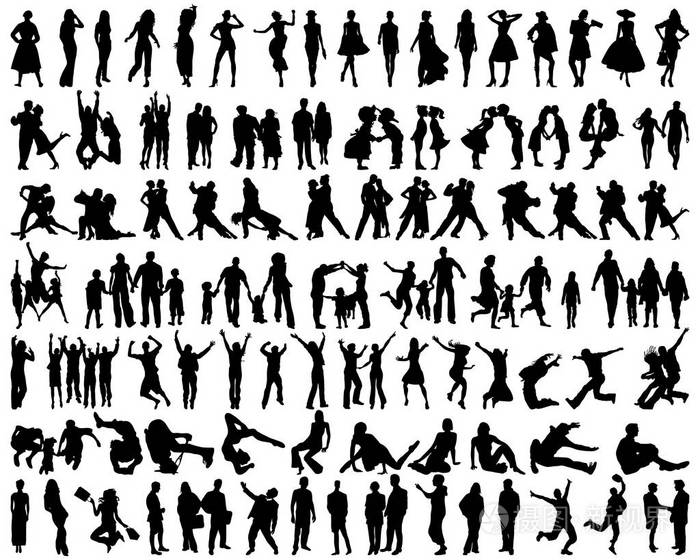 黑色剪影的人在不同的情况下
