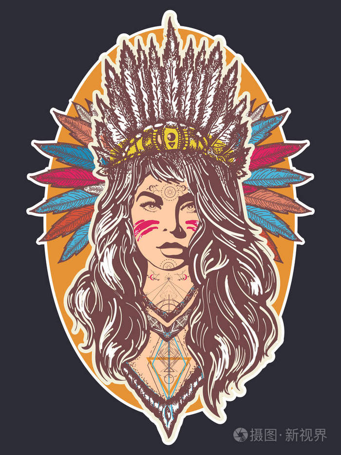 插画 美洲印第安妇女纹身艺术和 t 恤设计.民族的女孩.eps