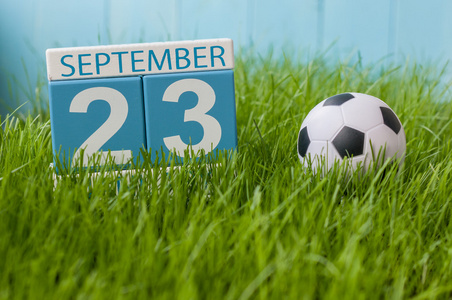 9 月 23 日.图像的 9 月 23 日上绿草草坪背景的木制彩色日历。秋季的一天。文本为空的空间