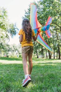 公园内儿童玩彩色风筝的后视图片