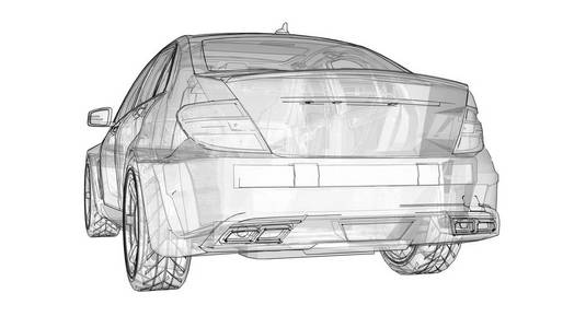 透明超快跑车在白色背景上划定线条。车身形状轿车。调整是一个普通的家庭汽车的版本。3d 渲染