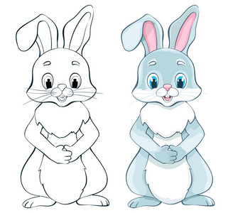 可爱的卡通兔子兔子白色衬底上绘图。着色版本公司