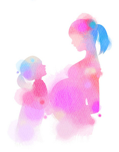 幸福的家庭剪影水彩背景。母亲和女儿。母亲节。数码艺术画