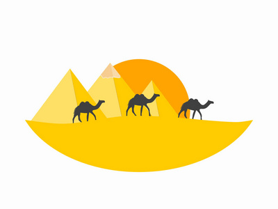大篷车骆驼反对金字塔。沙漠中的埃及金字塔。矢量插图