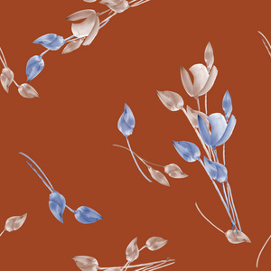无缝模式的水彩郁金香与米色和蓝色的花朵，在深红色背景上