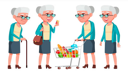 老妇人姿势设定向量。老人。资深人士。老年。积极的养老金领取者。广告, 标语牌, 印刷设计。独立卡通插图