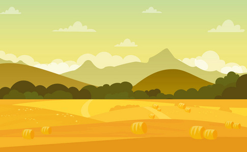 秋季景观的矢量插画与田野和山脉在日落与美丽的天空柔和的色彩在平面卡通风格