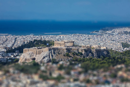 希腊雅典城卫城全景鸟瞰, 倾斜移位, Lycabettus 山景观