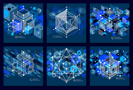 模板3d 深蓝色设计布局为小册子集, 传单, 海报, 广告, 封面, 矢量抽象的现代背景。立方体六边形正方形长方形和其他元