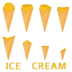 天然香蕉冰淇淋在华夫饼锥上的矢量图解。冰淇淋模式包括甜冷冰淇淋, 美味的冷冻甜点。香蕉在晶圆锥中的鲜果各式各样