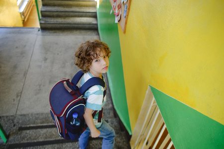 站在学校的楼梯台阶上的小男生