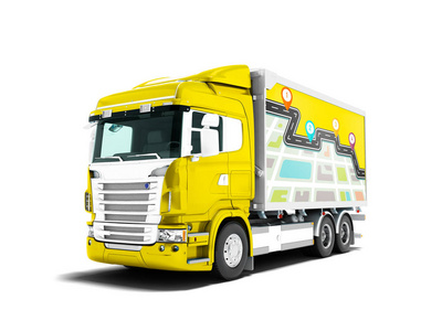 现代黄色卡车与拖车与白色货物插入3d渲染白色背景与阴影