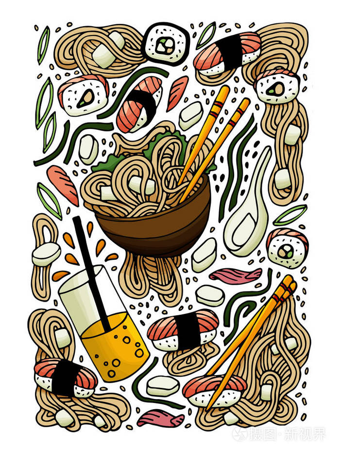 拉面和寿司涂鸦风格手绘彩色插图.日本料理.亚洲美食