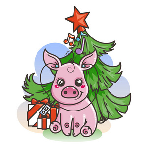 快乐新的2019年卡与卡通婴儿猪。节日小标志